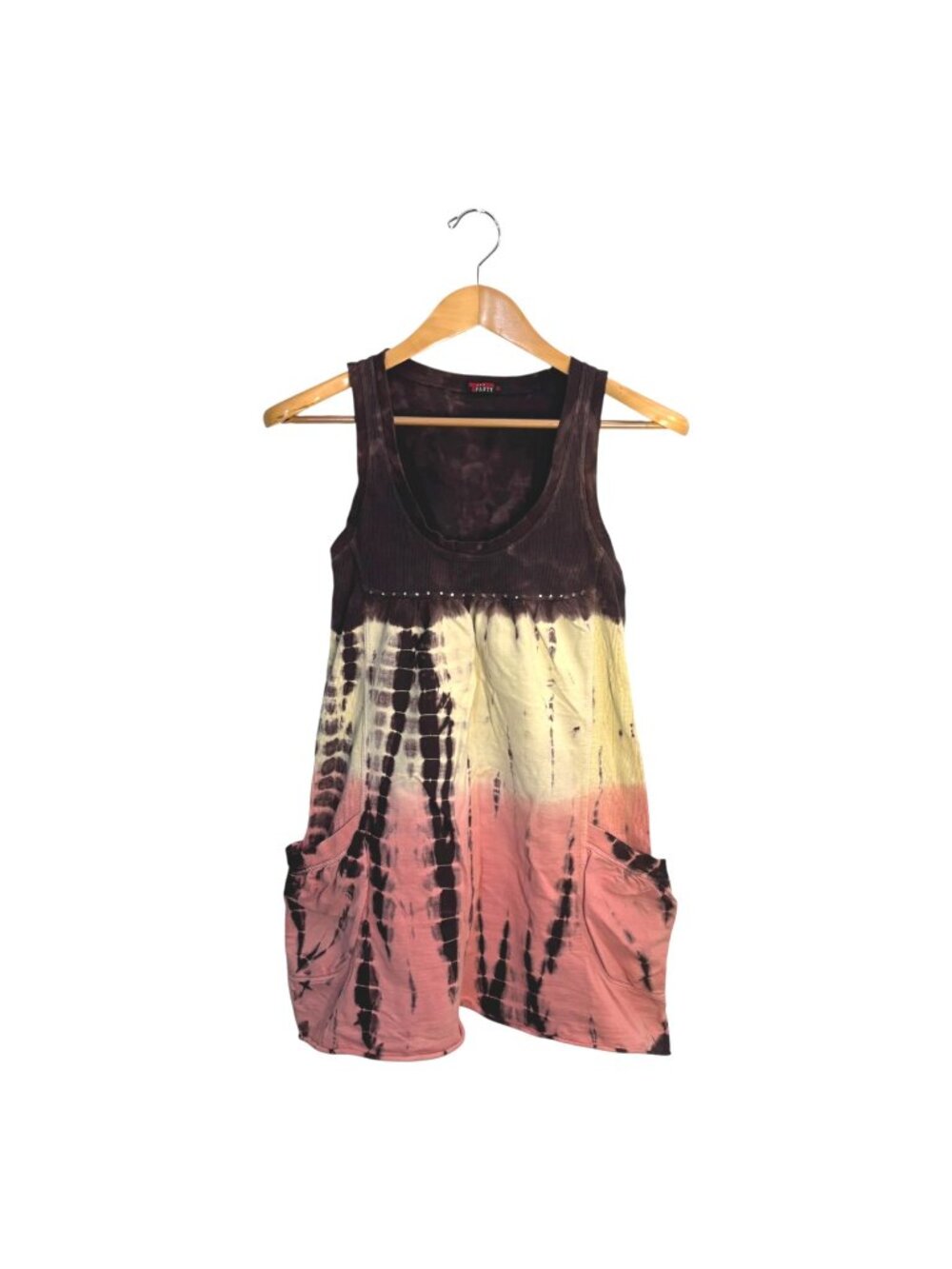 T-Party Tie Dye Tank Mini Dress M Terry Ribbed Cotton Rhinestones Y2K Dip Boho